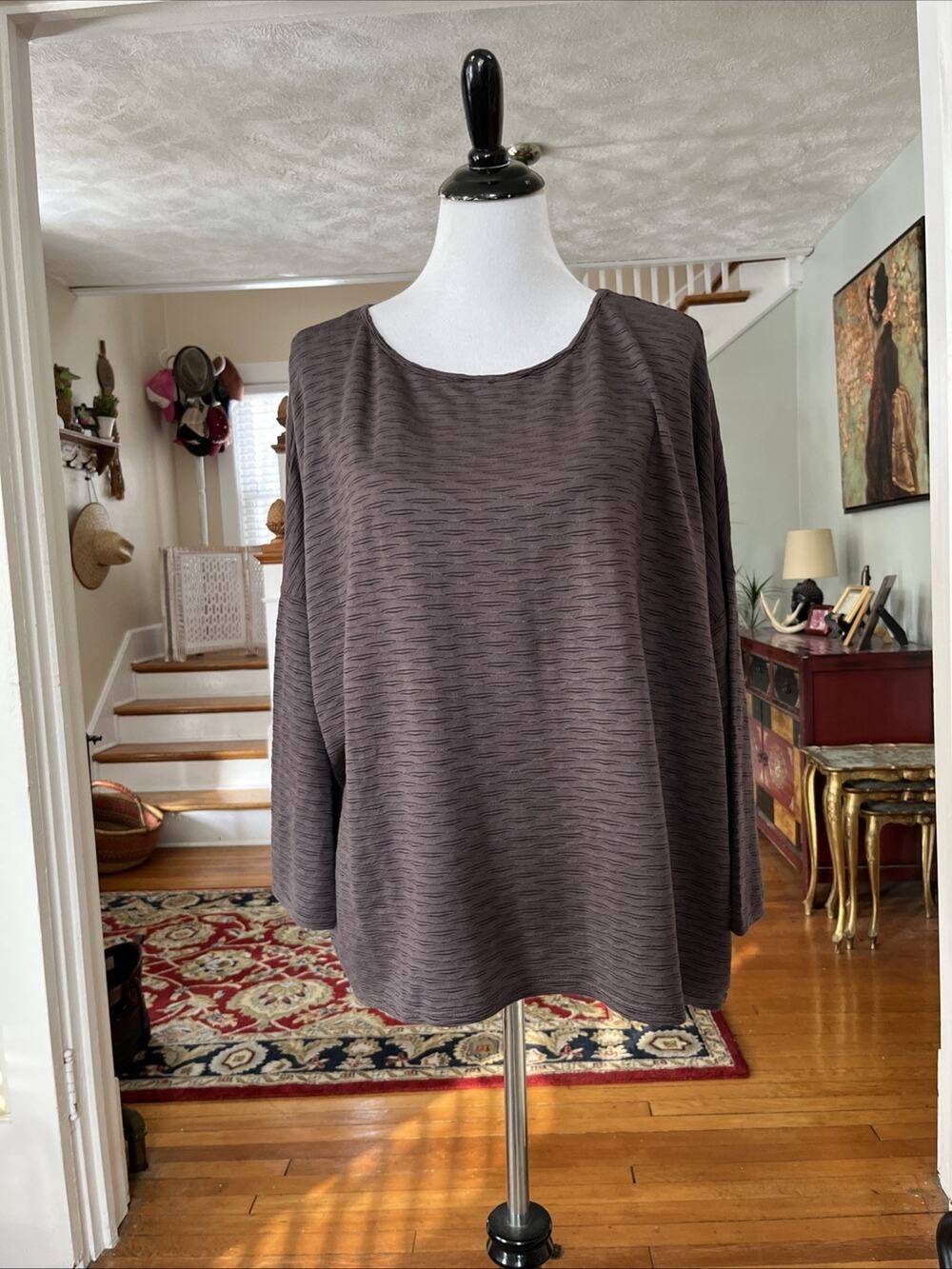 Habitat Clothes to Live In XL Blouse Gray Textured 3/4 Sleeve Lagenlook Boxy